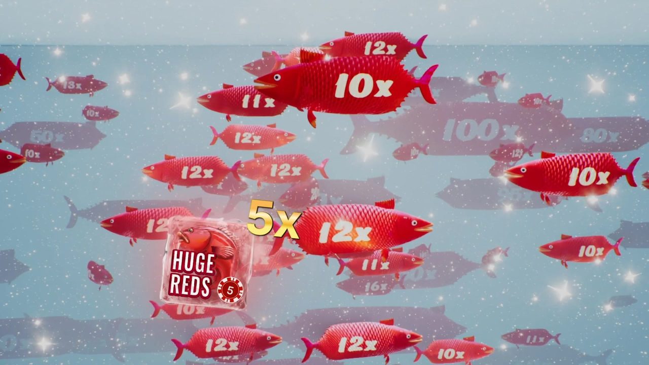 Bonusové kolo Huge Reds : ryba chycená pod ledem nese kulatý multiplikátor